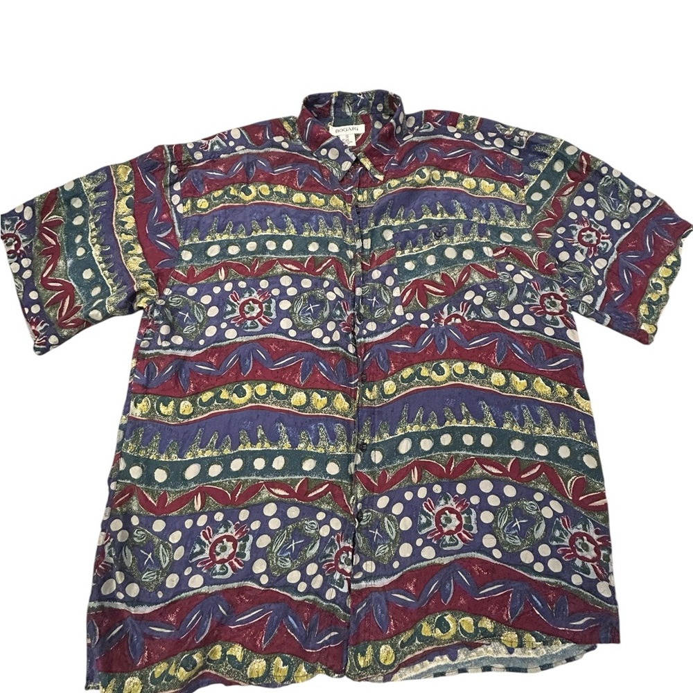 Bogari Vintage 100% Silk Geometrical Button Down Shirt Short Sleeve XL‎